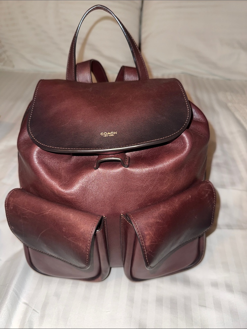 COACH Burgundy Leather Backpack with Front Pockets and Top Handle